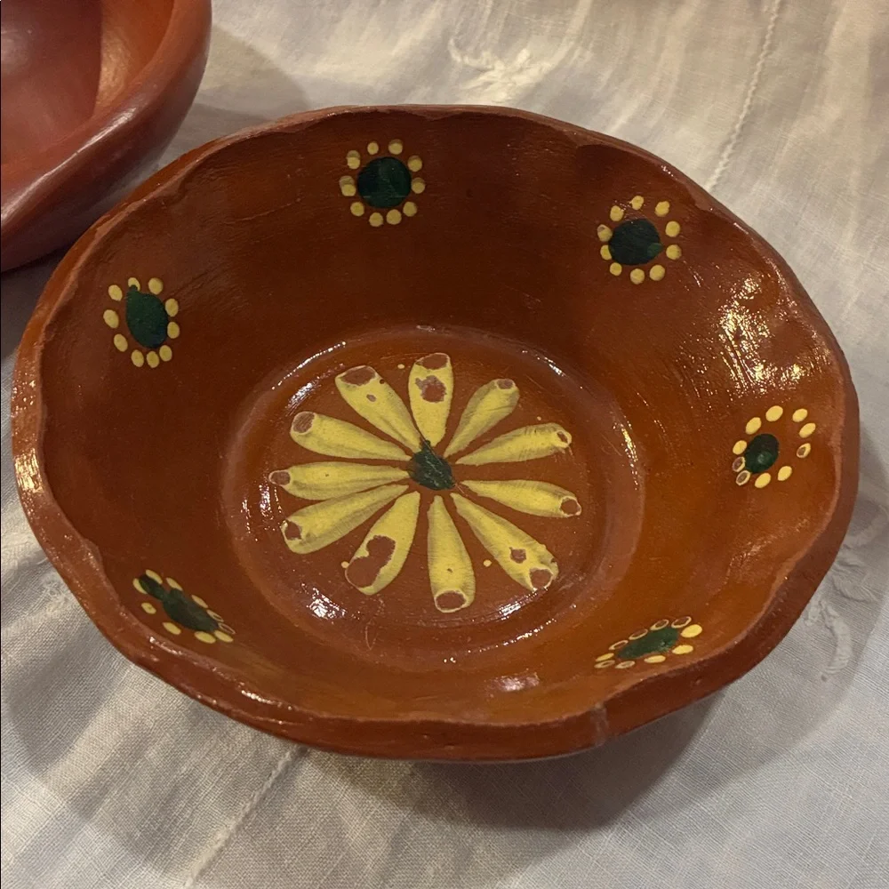 Hand Thrown Red Ware Pottery Bowls With Decorative Accents Red Ware Green Yellow